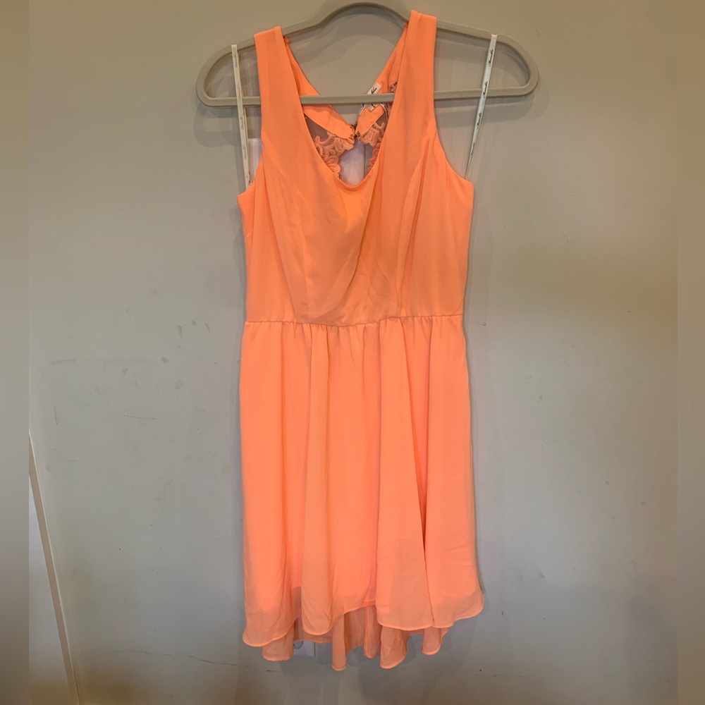 Boutique brand bright orange dress with sheer mesh embroidered back. Size L.